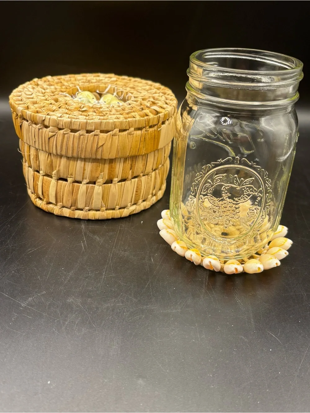 Vintage Coaster Set Hand Woven Straw Palm Basket and Six Cowrie Shell Coasters